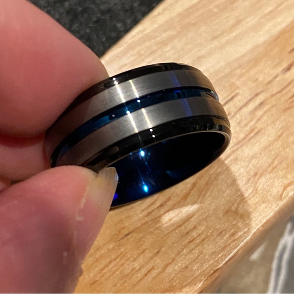 Tungsten Carbide Gunmetal Band Ring NEW! 10.5 Statement Minimalist Blue wedding - Picture 3 of 8